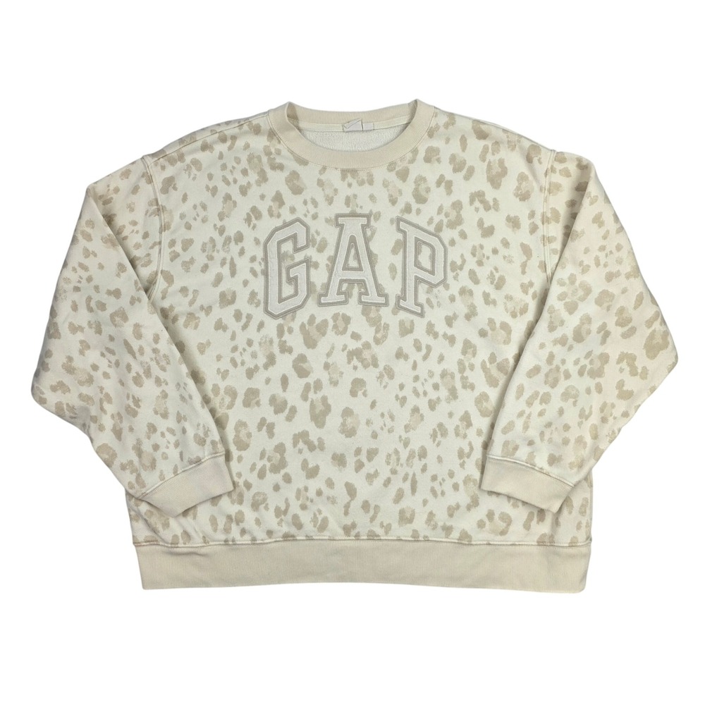 Gap Heritage Snow Leopard Fleece Sweatshirt Cream Tan Animal Print Logo Large